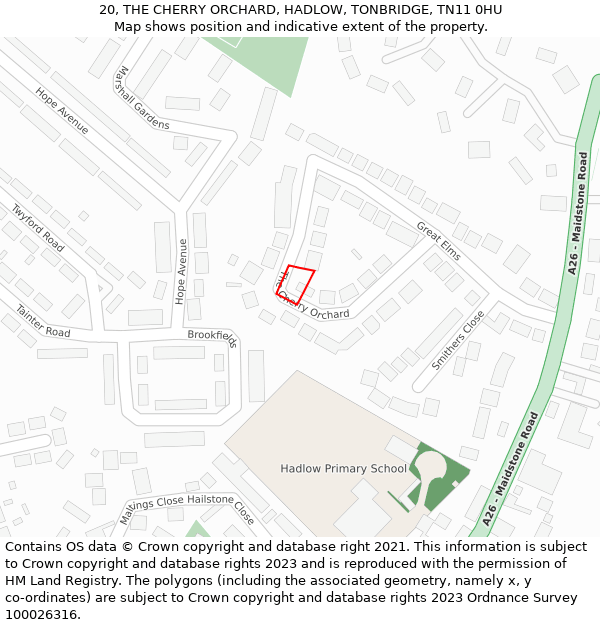 20, THE CHERRY ORCHARD, HADLOW, TONBRIDGE, TN11 0HU: Location map and indicative extent of plot