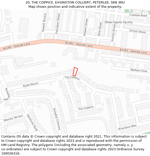 20, THE COPPICE, EASINGTON COLLIERY, PETERLEE, SR8 3NU: Location map and indicative extent of plot