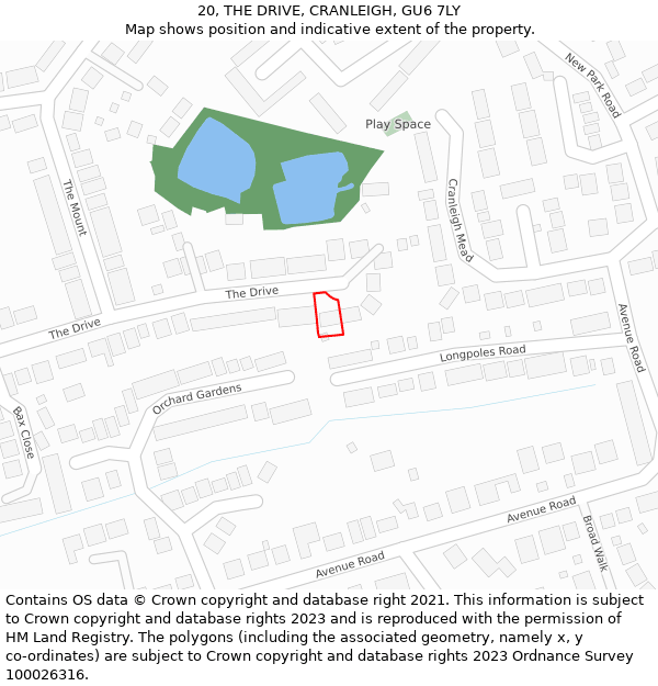 20, THE DRIVE, CRANLEIGH, GU6 7LY: Location map and indicative extent of plot