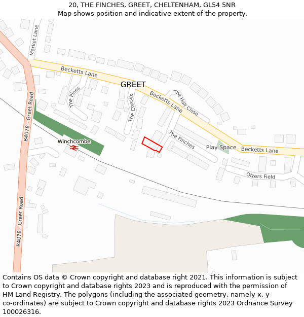 20, THE FINCHES, GREET, CHELTENHAM, GL54 5NR: Location map and indicative extent of plot