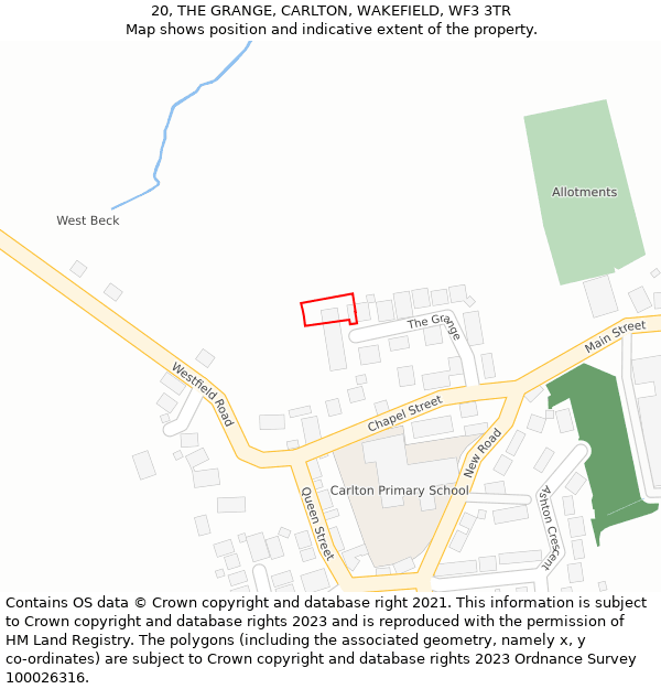 20, THE GRANGE, CARLTON, WAKEFIELD, WF3 3TR: Location map and indicative extent of plot