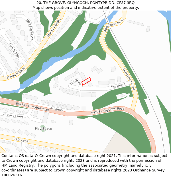 20, THE GROVE, GLYNCOCH, PONTYPRIDD, CF37 3BQ: Location map and indicative extent of plot