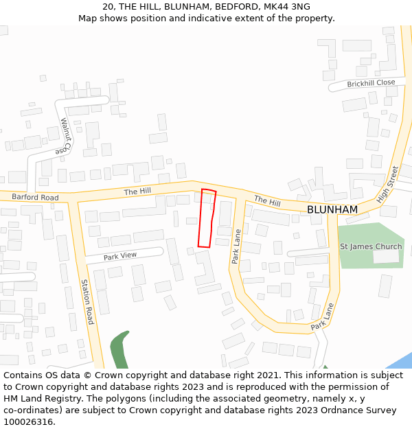 20, THE HILL, BLUNHAM, BEDFORD, MK44 3NG: Location map and indicative extent of plot