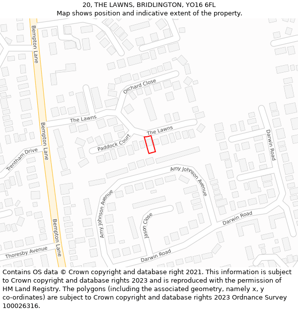 20, THE LAWNS, BRIDLINGTON, YO16 6FL: Location map and indicative extent of plot