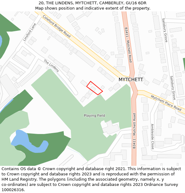 20, THE LINDENS, MYTCHETT, CAMBERLEY, GU16 6DR: Location map and indicative extent of plot