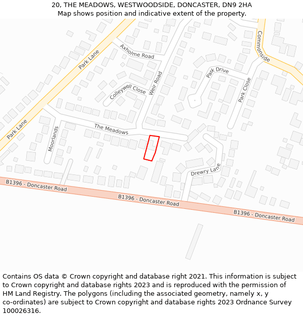 20, THE MEADOWS, WESTWOODSIDE, DONCASTER, DN9 2HA: Location map and indicative extent of plot