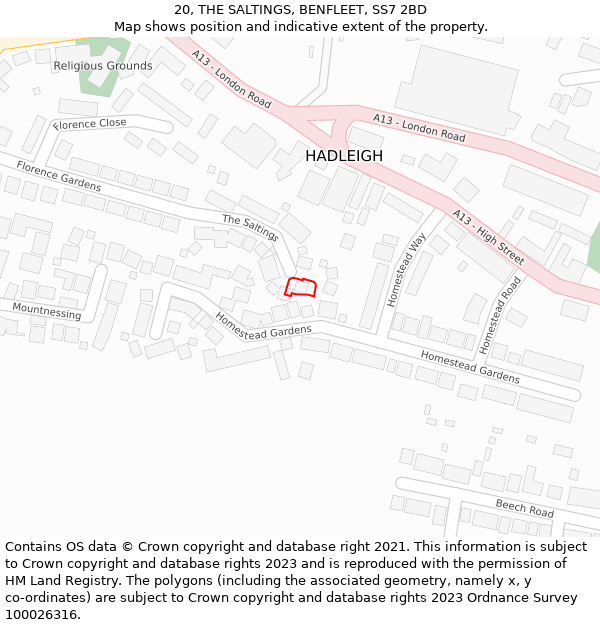 20, THE SALTINGS, BENFLEET, SS7 2BD: Location map and indicative extent of plot