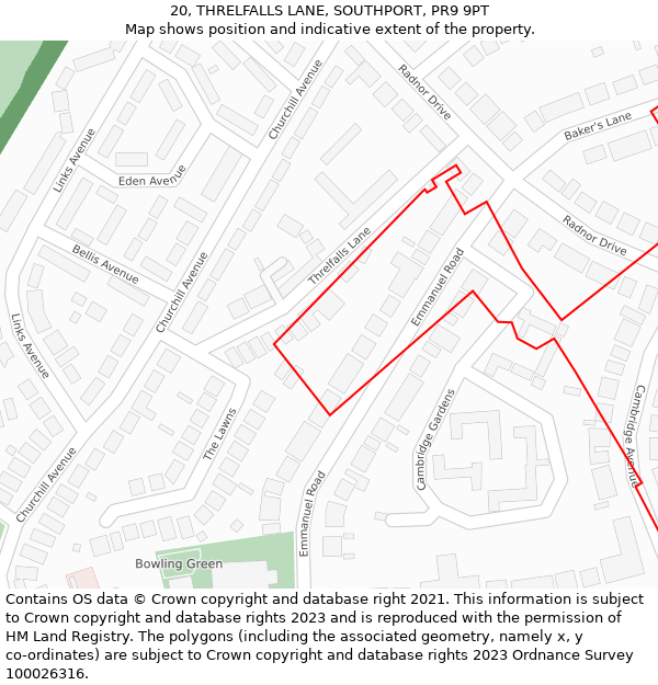 20, THRELFALLS LANE, SOUTHPORT, PR9 9PT: Location map and indicative extent of plot