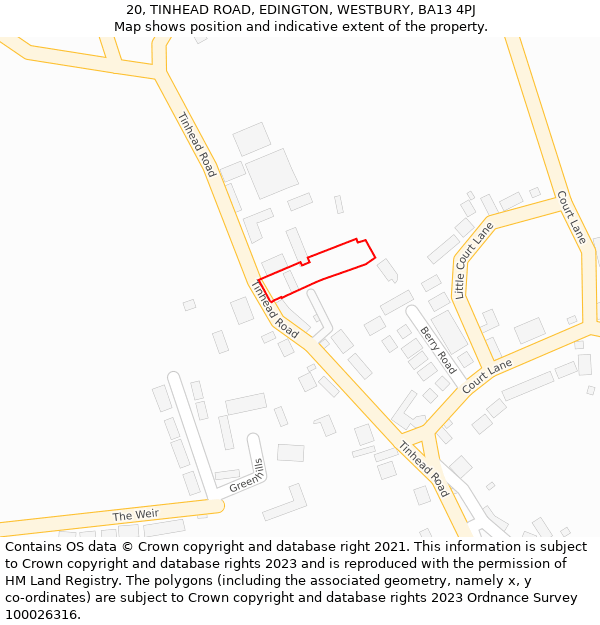 20, TINHEAD ROAD, EDINGTON, WESTBURY, BA13 4PJ: Location map and indicative extent of plot