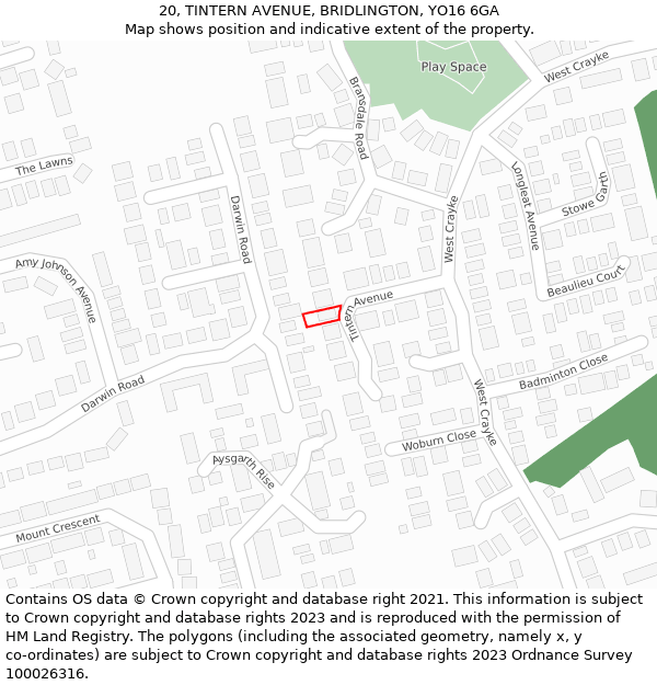 20, TINTERN AVENUE, BRIDLINGTON, YO16 6GA: Location map and indicative extent of plot