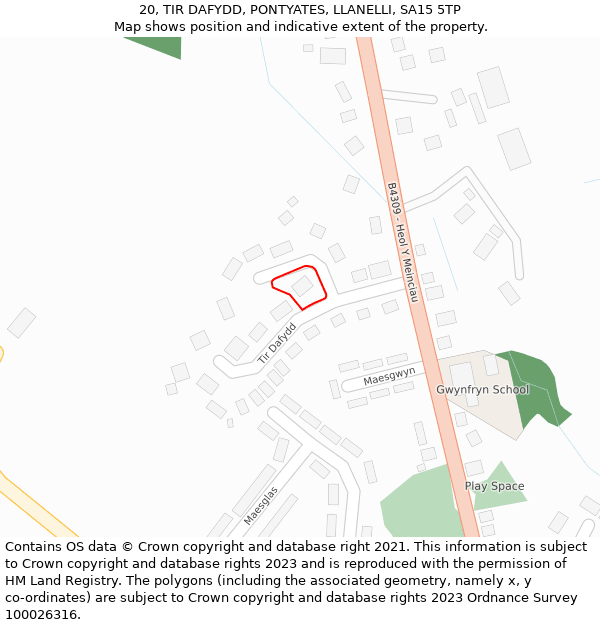 20, TIR DAFYDD, PONTYATES, LLANELLI, SA15 5TP: Location map and indicative extent of plot