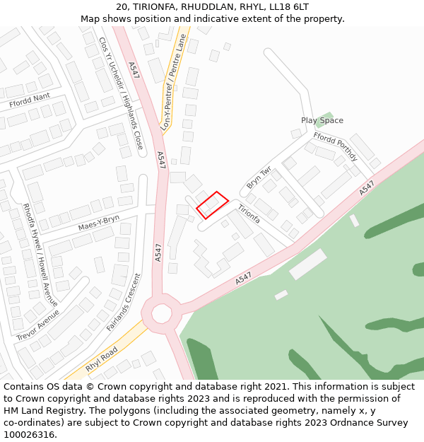 20, TIRIONFA, RHUDDLAN, RHYL, LL18 6LT: Location map and indicative extent of plot