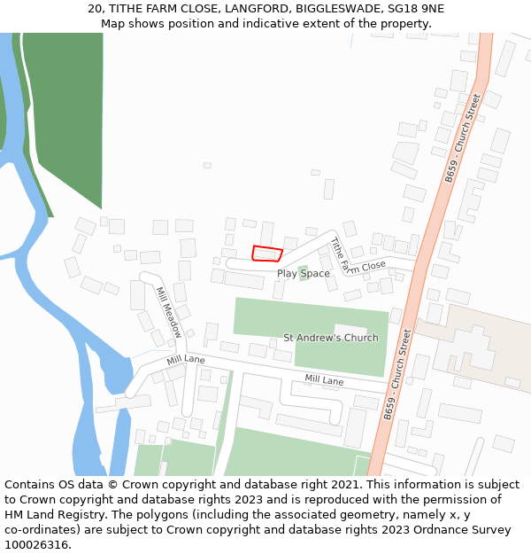 20, TITHE FARM CLOSE, LANGFORD, BIGGLESWADE, SG18 9NE: Location map and indicative extent of plot