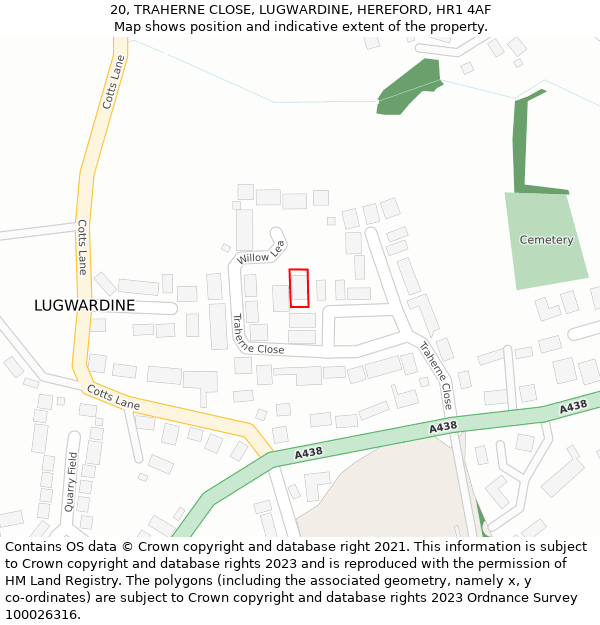 20, TRAHERNE CLOSE, LUGWARDINE, HEREFORD, HR1 4AF: Location map and indicative extent of plot