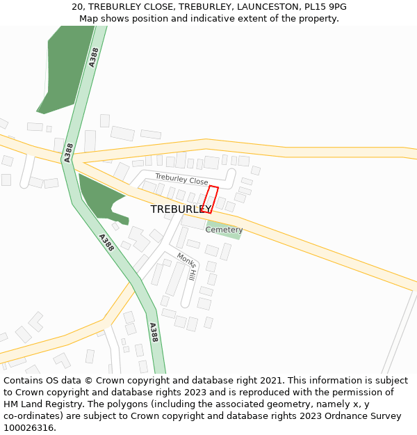 20, TREBURLEY CLOSE, TREBURLEY, LAUNCESTON, PL15 9PG: Location map and indicative extent of plot