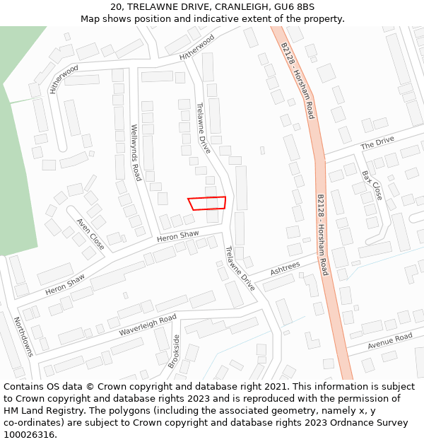 20, TRELAWNE DRIVE, CRANLEIGH, GU6 8BS: Location map and indicative extent of plot