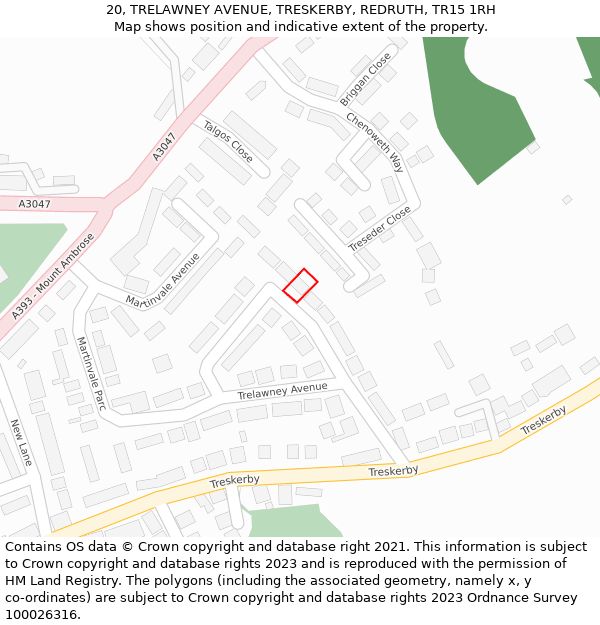 20, TRELAWNEY AVENUE, TRESKERBY, REDRUTH, TR15 1RH: Location map and indicative extent of plot
