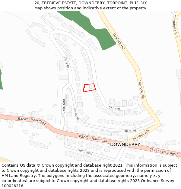 20, TRERIEVE ESTATE, DOWNDERRY, TORPOINT, PL11 3LY: Location map and indicative extent of plot