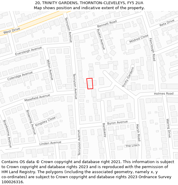 20, TRINITY GARDENS, THORNTON-CLEVELEYS, FY5 2UA: Location map and indicative extent of plot