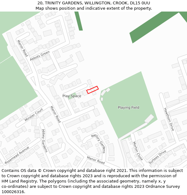 20, TRINITY GARDENS, WILLINGTON, CROOK, DL15 0UU: Location map and indicative extent of plot