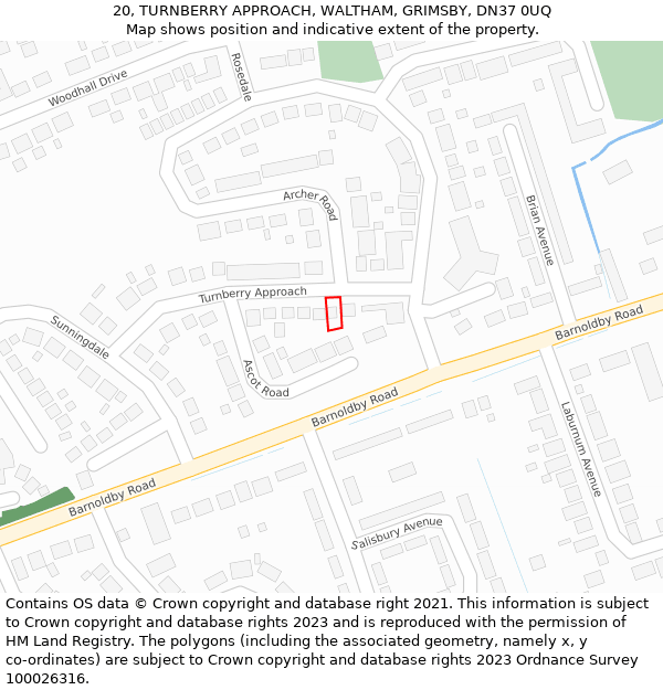 20, TURNBERRY APPROACH, WALTHAM, GRIMSBY, DN37 0UQ: Location map and indicative extent of plot