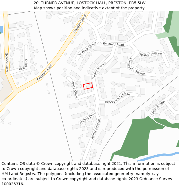 20, TURNER AVENUE, LOSTOCK HALL, PRESTON, PR5 5LW: Location map and indicative extent of plot