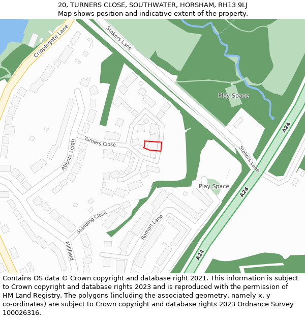 20, TURNERS CLOSE, SOUTHWATER, HORSHAM, RH13 9LJ: Location map and indicative extent of plot