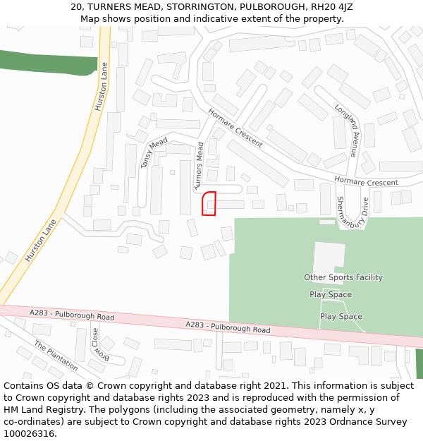 20, TURNERS MEAD, STORRINGTON, PULBOROUGH, RH20 4JZ: Location map and indicative extent of plot