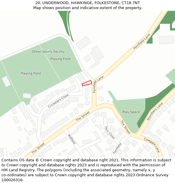 20, UNDERWOOD, HAWKINGE, FOLKESTONE, CT18 7NT: Location map and indicative extent of plot