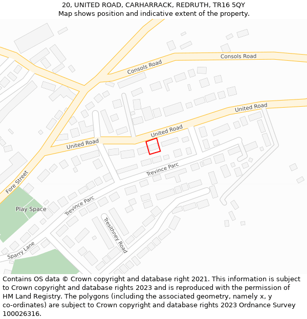 20, UNITED ROAD, CARHARRACK, REDRUTH, TR16 5QY: Location map and indicative extent of plot