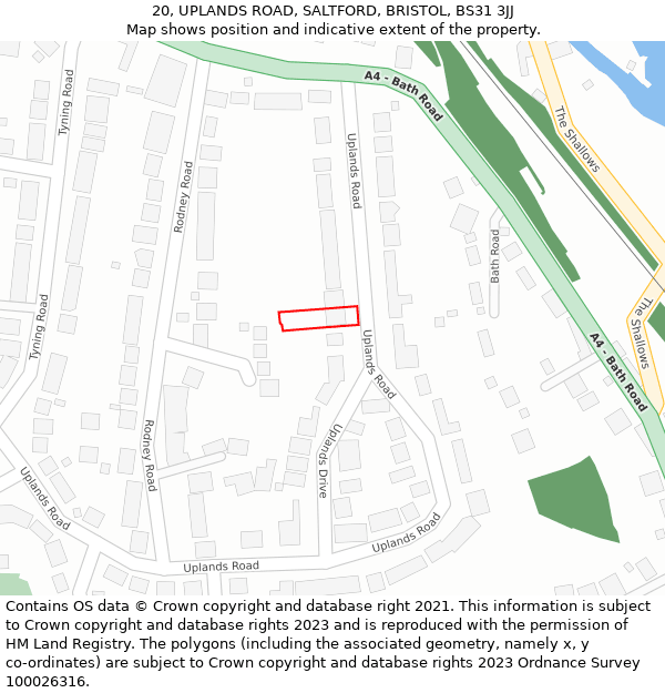 20, UPLANDS ROAD, SALTFORD, BRISTOL, BS31 3JJ: Location map and indicative extent of plot