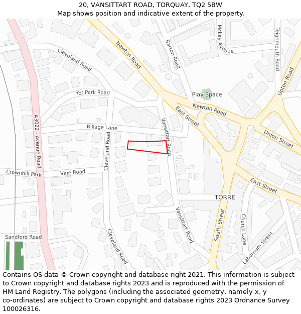 20, VANSITTART ROAD, TORQUAY, TQ2 5BW: Location map and indicative extent of plot