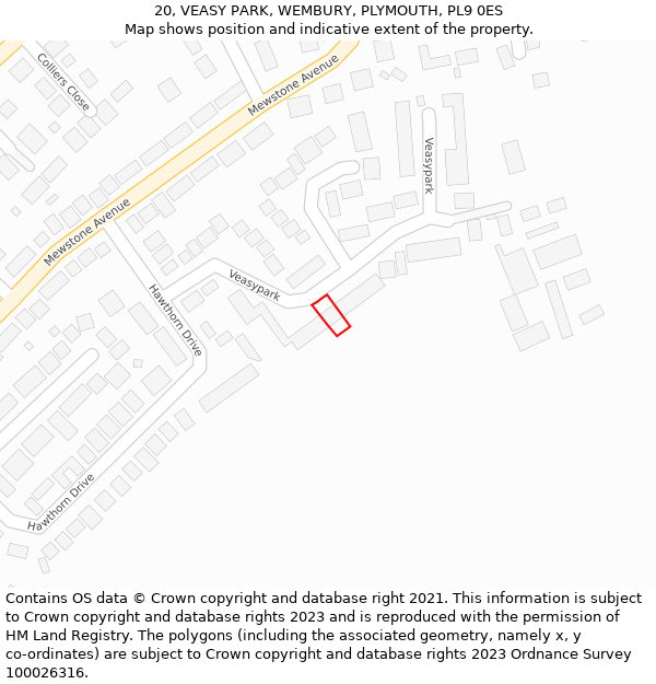 20, VEASY PARK, WEMBURY, PLYMOUTH, PL9 0ES: Location map and indicative extent of plot
