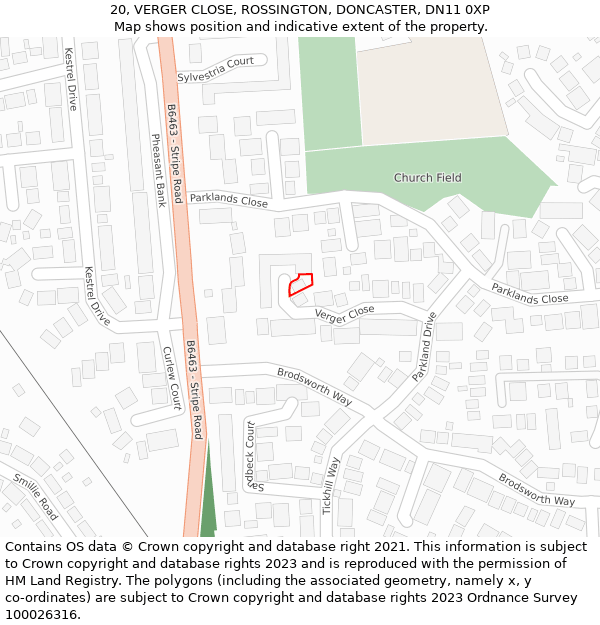 20, VERGER CLOSE, ROSSINGTON, DONCASTER, DN11 0XP: Location map and indicative extent of plot