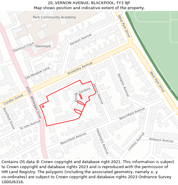 20, VERNON AVENUE, BLACKPOOL, FY3 9JF: Location map and indicative extent of plot