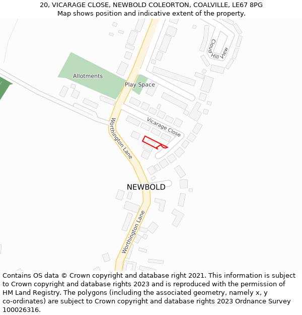 20, VICARAGE CLOSE, NEWBOLD COLEORTON, COALVILLE, LE67 8PG: Location map and indicative extent of plot