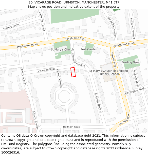 20, VICARAGE ROAD, URMSTON, MANCHESTER, M41 5TP: Location map and indicative extent of plot