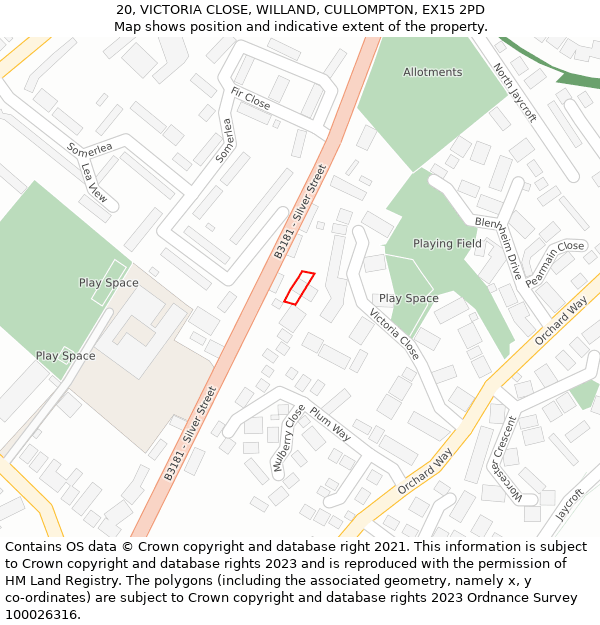 20, VICTORIA CLOSE, WILLAND, CULLOMPTON, EX15 2PD: Location map and indicative extent of plot