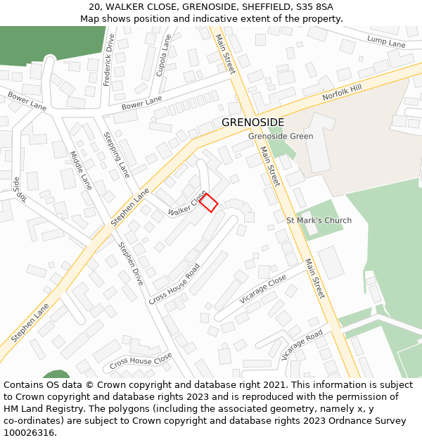 20, WALKER CLOSE, GRENOSIDE, SHEFFIELD, S35 8SA: Location map and indicative extent of plot
