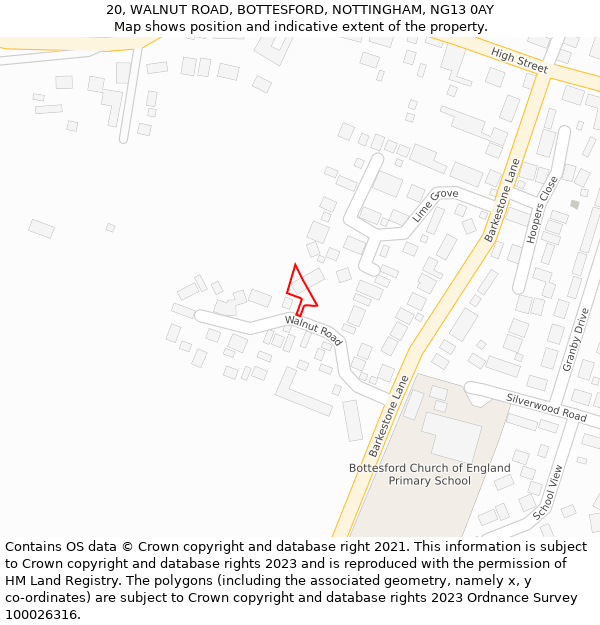 20, WALNUT ROAD, BOTTESFORD, NOTTINGHAM, NG13 0AY: Location map and indicative extent of plot