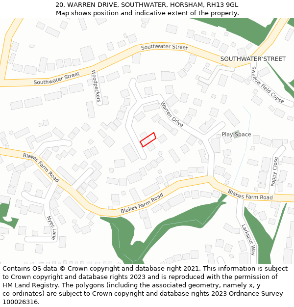 20, WARREN DRIVE, SOUTHWATER, HORSHAM, RH13 9GL: Location map and indicative extent of plot