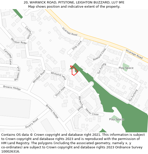 20, WARWICK ROAD, PITSTONE, LEIGHTON BUZZARD, LU7 9FE: Location map and indicative extent of plot