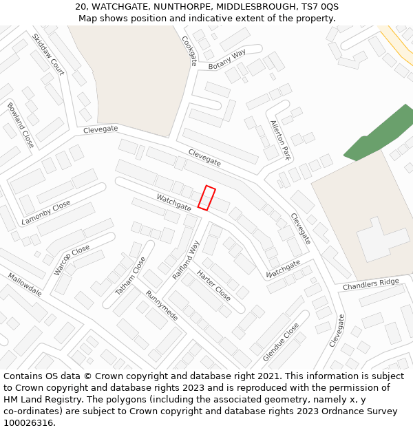 20, WATCHGATE, NUNTHORPE, MIDDLESBROUGH, TS7 0QS: Location map and indicative extent of plot