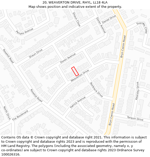 20, WEAVERTON DRIVE, RHYL, LL18 4LA: Location map and indicative extent of plot