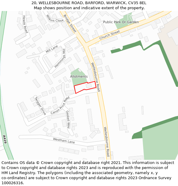 20, WELLESBOURNE ROAD, BARFORD, WARWICK, CV35 8EL: Location map and indicative extent of plot