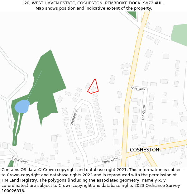 20, WEST HAVEN ESTATE, COSHESTON, PEMBROKE DOCK, SA72 4UL: Location map and indicative extent of plot