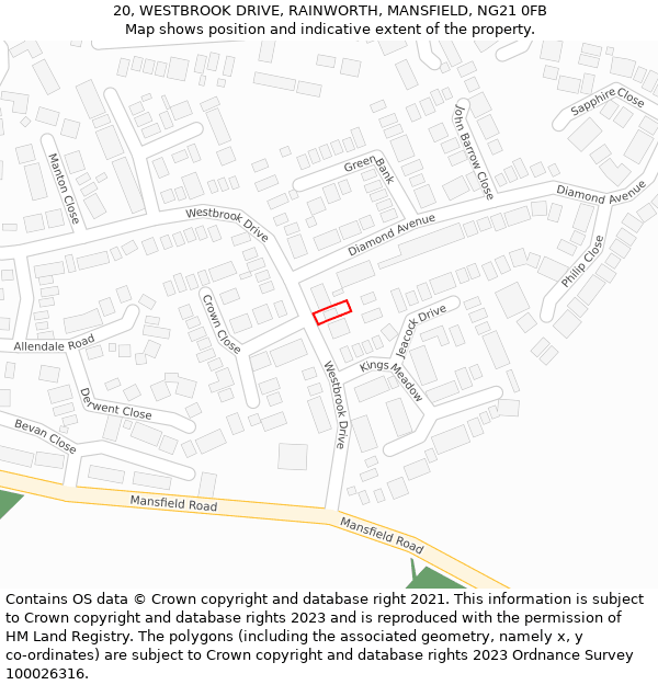 20, WESTBROOK DRIVE, RAINWORTH, MANSFIELD, NG21 0FB: Location map and indicative extent of plot