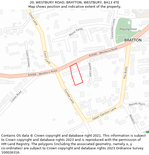 20, WESTBURY ROAD, BRATTON, WESTBURY, BA13 4TE: Location map and indicative extent of plot