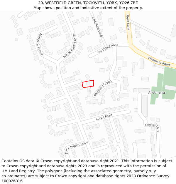 20, WESTFIELD GREEN, TOCKWITH, YORK, YO26 7RE: Location map and indicative extent of plot