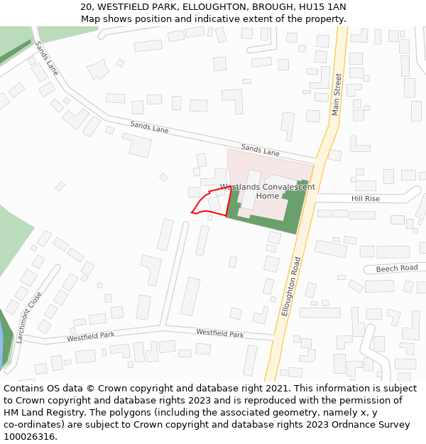 20, WESTFIELD PARK, ELLOUGHTON, BROUGH, HU15 1AN: Location map and indicative extent of plot